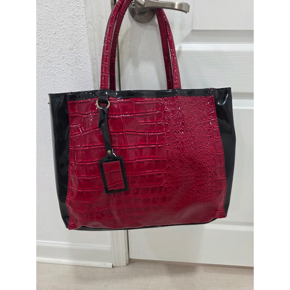 Red Croc Embossed Patent Leather Tote Bag Black Trim Glossy Shoulder Bag